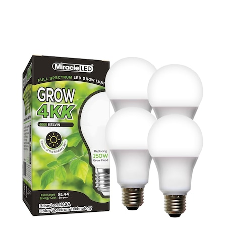 Miracle Led 4KK Indoor Grow Light Bulb, 4000K Full Spectrum Replace 150W Grow Bulbs for Vegetables, Herbs, 4PK 801851